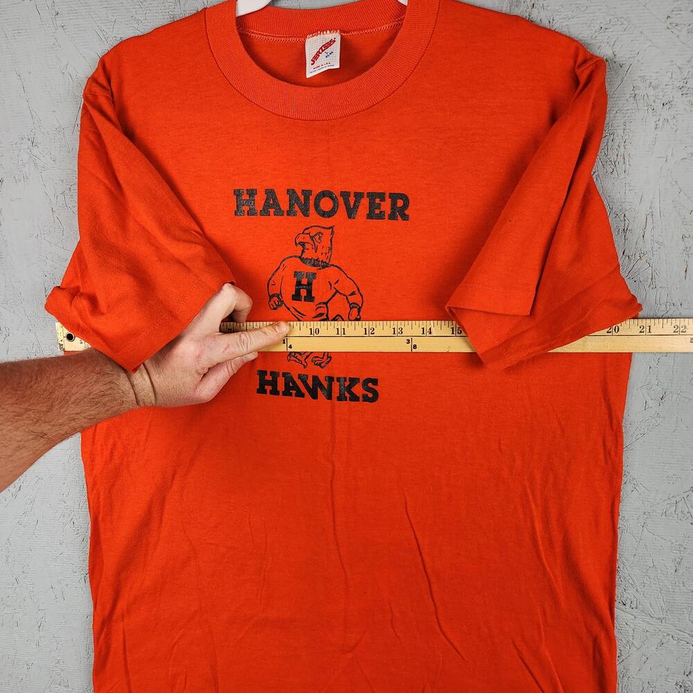 Vintage Hanover Hawks Shirt Mens Large Orange Graphic Logo 80s Virginia School - Picture 8 of 15